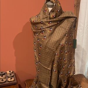 Gucci Brown Mickey Mouse Monogram Silk Shawl Scarf
